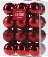 24x Rode kunststof kerstballen 3 cm - Glans/mat/glitter - Onbreekbare kerstballen plastic - Kerstboomversiering rood