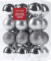 24x Zilveren kunststof kerstballen 3 cm - Glans/mat/glitter - Onbreekbare kerstballen plastic - Kerstboomversiering zilver