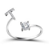 Ring met letter T - Ring met steen - Aanschuifring - Zilver kleurig - Ring Zilver dames - Cadeau voor vriendin - Vrouw - Sieraad meisje - Mooie ring tieners - Alfabet ring T - Ring met initiaal