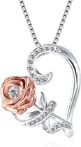 Ketting dames zirkonia roos hart - verstelbaar 46+4cm - Zilver - kettingen - cadeau voor haar - verjaardag - moederdag cadeautje - mama - Valentijn