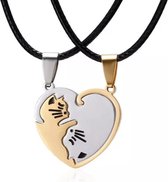 Bixorp Friends - BFF Ketting voor 2 - Zilver & Goudkleurige Katjes / Poesjes Hartje - Vriendschapsketting Meisjes - Best Friends Ketting Vriendschap Cadeau voor Twee