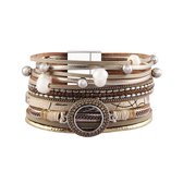 Sorprese - armband dames - leer - crème - parel element - Bohemian - Boho - Ibiza - 19 cm - W