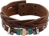 Bruin gevlochten leren armband met stoere houten kraal - in lengte verstelbaar - 17 en 19 cm