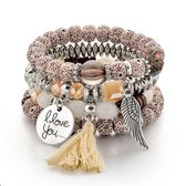 ‘I love you’ armband – Beige – Handgemaakte bedelarmband – Boho armband – Vriendschapsarmband – Kralenarmband – Ibiza armband – 4-laags – Boho chique