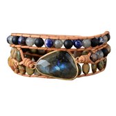 Marama - Wikkelarmband Pacific - lichtbruin leer - edelsteen labradoriet - unisex - 50 cm - cadeautje voor haar