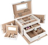 LifeGoods XL sieradendoos met spiegel Luxe Bijouterie Kistje - Juwelen Box met Houder - Ketting/Ring/Oorbellen/Horloge - Dames/Meisjes - Wit