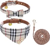 Pepets © Luxe Hondenriem set – Halsband Hond – Bandana Hond – Strik Hond – Hondenstrik – Hondenhalsband – Leiband Hond -Beige Ruit - Maat XS