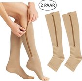 2x Steunkousen met rits  - Beige - Compressie kousen met open teen - L/XL