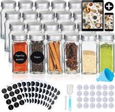 24 Glazen Kruidenpotjes met Strooideksel - Vierkante Kruidenstrooier - Complete Set met Stickers, Trechter, Stift en Borstel (Incl. Gratis E-book)
