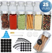 Kitchy 25 Glazen Kruidenpotjes Vierkant - Kruidenstrooier - Glazen Potjes Met Deksel 120 ml met 2 Soorten Strooideksels - incl Accessoires