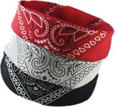 Femur - 3Pack Vintage Bandana – Boeren Zakdoek Hoofdband Classic Paisley Accessoires Sport - Zwart Wit Rood