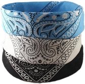 Femur - 3Pack Vintage Bandana – Boeren Zakdoek Hoofdband Classic Paisley Accessoires Sport - Zwart Wit Baby Blauw