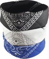 Femur - 3Pack Vintage Bandana – Boeren Zakdoek Hoofdband Classic Paisley Accessoires Sport - Zwart Wit Blauw