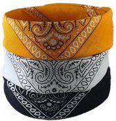 Femur - 3Pack Vintage Bandana – Boeren Zakdoek Hoofdband Classic Paisley Accessoires Sport - Zwart Wit Oranje