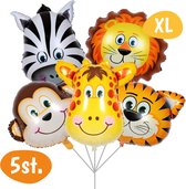 Jungle Decoratie Ballonnen - Helium Folieballon - Aap - Leeuw - Tijger - Zebra - Giraffe - Dieren Ballon - Verjaardag Versiering - Party - Gekleurde Ballonnen - Happy Birthday Feest - Kinderfeestje - Safari Feestje - Inclusief Opblaasrietje - 5 Stuks