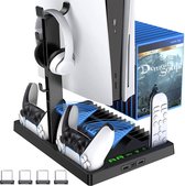 Playstation 5 standaard met ventilator en headset houder voor PS5-console | PS5 Joystick oplader | PS5 Ultra HD, Dual PS5 Controller - oplaadstation, Touchscreen-indicator, 15 gameslots