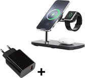 Oplaadstation 3 in 1 + Fast Charge Adapter - Draadloze Oplader Geschikt voor MagSafe Apple iPhone, Apple Watch en AirPods - QI Charger Docking Station - 2022 Verbeterd Model