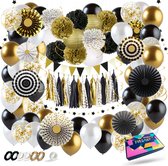 Fissaly® 86 Stuks Goud, Zwart & Wit Decoratie Feestpakket met Ballonnen – Versiering - Helium – Papieren Confetti – Latex