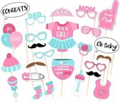 Photobooth Props - Babyshower Versiering - Gender Reveal Decoratie - Hoera Een Meisje - Baby Shower Feestje - Foto - Fotohokje Rekwisieten - Roze - Set - 24 Stuks