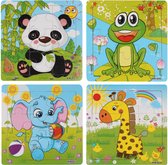 4 Houten Puzzels van 9 stukjes - Dieren: Panda, Kikker, Olifant en Giraffe - Voor kinderen van 1-4 jaar