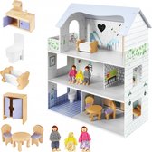 Houten Poppenhuis – Mamabrum – met Meubels en accessoires – Droomhuis – bouwpakket maken poppenhuisinrichting – Poppen – met meubeltjes en poppetjes - 70 cm hoog pop huis dollhouse diy groot