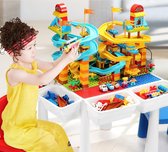 Voordelige promotie!! Bouwtafel + Knikkerbaan 80 delig + 2 Stoeltjes + 4 Bakjes + Bouwtafelset voor Duplo (Grote) bouwstenen - Hoogte verstelbaar - Klassieke Rode en Blauwe kleur - Blokkentafel - Speeltafel - Geschikt voor Duplo & Hubelino