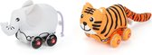 Loua's favorites SET pull back zachte Olifant + tijger - Terugtrek autootjes - Speelgoed autootjes - Speelgoed 1 jaar - Speelgoed 2 jaar - jongens speelgoed - meisjes speelgoed- speelfiguren - auto met frictie
