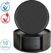 Luxe Leren Onderzetters met Houder - 10 stuks - Onderleggers voor Glazen - Glasonderzetters voor op Tafel - Coasters  - Zwart - Rond