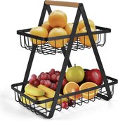 Fruitschaal Etagere 2 Lagen voor Keuken - Large - 30x18x32 - Fruitmand Zwart Metaal - Keuken Organizer - Industrieel - RVS