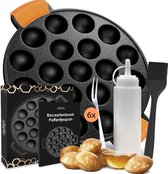 Ocina – Poffertjespan – Combo pack – 19 Poffertjes – Poffertjesmaker – Poffertjespan inductie – Poffertjespan electrisch – Gietijzeren pan - Inclusief doseerfles, handvaten, 6x poffertjesvorken en invetkwast – Gratis Receptenboek