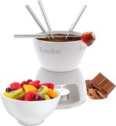 MDO Fondueset - Fonduepan - Chocoladefondue - Fonduepan met kaarsje - Waxinelichtje - Waxinekaarsje - 4 fonduevorken - Keramiek - Wit