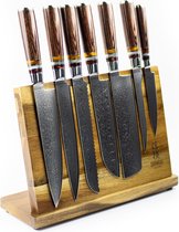 Shinrai Japan - Messenset met Blok – 7 delig – Messensetblok – Mes – Koksmes - Micarta Jewels Damascus - Met Luxe Geschenkdoos