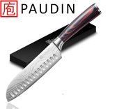 PAUDIN N5 Professioneel RVS Japans Santoku Mes 17,5 cm - Vlijmscherp Keukenmes Gemaakt van Hoogwaardig Duits Roestvast Carbonstaal - Damascus Patroon