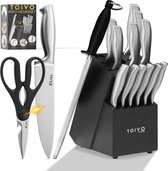 Toivo KitchenProfessioneel Messenset 14 Stuks - Incl. Messenslijper , Schaar en Messenblok - Zilver - Koksmessen set - Keuken Messenset - Keukenset - Black Friday 2022