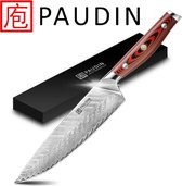 PAUDIN P1 Professioneel Damascus Koksmes 20 cm - Vlijmscherp Japans Keukenmes Gemaakt van 67 Lagen Japans Damaststaal - Zeer Speciaal Gesmeed Vederpatroon - HRC 62+