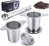 TeaLux Set van 2 Stuks RVS Theefilters met Maatlepel en Lekbakjes - Theezeef voor Losse Thee en Kruiden - Tea Infuser\Strainer Giftset - Verse Thee filter\Zeef Cadeau Pakket - Kruidenbuiltje ei met Onderzetters - Geschenkset