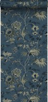 ESTAhome behang vintage bloemen donkerblauw en olijfgroen - 139315 - 0,53 x 10,05 m