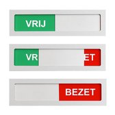 Schuifbordje vrij - bezet - Vrij bezet deur bordje - 100 mm x 28 mm - Met maar 4 mm dikte geen blok op je deur - Met aluminium schuifje - Promessa-Design. Bevestiging 3M plakstrip over de gehele achterzijde.