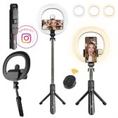 Studio ME - Selfie Stick LED Ringlamp - 18,5CM - Zwart Statief - 3 Lichtstanden - Telefoonhouder - Bluetooth -  Afstandsbediening - Duurzaam - Sinterklaas Surprise