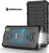 Homèlle - Solar Powerbank 36000mAh - iPhone & Samsung - Solar Charger - Zonneenergie - USB C - 2x USB - Micro USB - Wireless Charger - Zwart - Snellaadfunctie