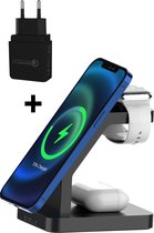 iSetchi 3-in-1 Draadloze Oplader (15W Snellader ) – Inclusief Quick Charge 3.0 stekker - Geschikt voor iPhone 12 / 13 & 14 & Apple iWatch & Airpods - Voor Galaxy Buds - Draadloos Qi Station Telefoon GSM Lader - Zwart