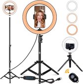 Studio ME  - Zwarte XL Ringlamp - 26cm/ 10 inch - Verstelbaar statief - smartphone houder - GRATIS mini tripod t.w.v. €19,95 - Max 160 cm hoog - USB Bureau Ringlight - Bluetooth - Afstandsbediening - 2 tripods - Voor Haar - Halloween - surprise