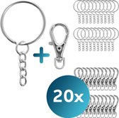 Sleutelhanger, sleutelringen met karabijnhaak  – splitring 25mm met karabijnhaak en ketting – 20 stuks – RVS