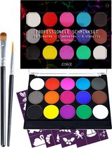 Joyage® Schmink Kinderen mét 2 penselen en 4 sjablonen op waterbasis - Schminkset - Make up Kinderen - Face paint palette - Grime Schmink palet 17-delig - Schminken kinderen - Kinderschmink sjabloon - Smink Halloween Carnaval Koningsdag - Grimeren