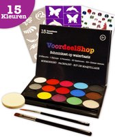 VoordeelShop Schminkset op Waterbasis met 2 Penselen, Sponsje, 20 Sjablonen en 50+ Glitters - Incl. E-book - Schminken kinderen - Kinderschmink - Grimeren - Halloween - WK Voetbal 2022