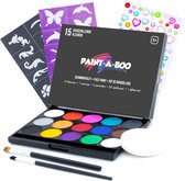 Paintaboo Schmink - 15 Kleuren op Waterbasis - Schminkset met Penselen, Sponsje, Sjablonen en Glitters - Halloween