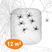 Halloween Decoratie voor Buiten – Spinnenweb - Hangdecoratie – Helloween Spinnen Web - Carnavals Accessoires - Raam & Deur - Horror Party - Feestversiering - Feestje - Carnaval Versiering - Alaaf - 12m2 - Incl. 6 Spinnen