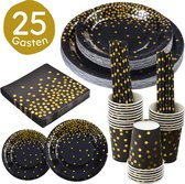 Partizzle 25 pers. Wegwerp Servies Set - Verjaardag Versiering Decoratie - Borden Bekers Feestartikelen - Zwart en Goud Feest