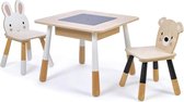 Tender Leaf Toys - Meubilair: SET TAFEL EN STOELEN WOUD 116x56x51,5cm, een tafel met een verborgen vak met krijtbord, 2 stoelen: konijn en beer, in hout, in  doos 63,5x63,5x14cm, 3+