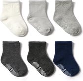 6 paar - Stevige baby Antislip sokken effen blauw grijs (6-12 mnd) - jongens meisjes